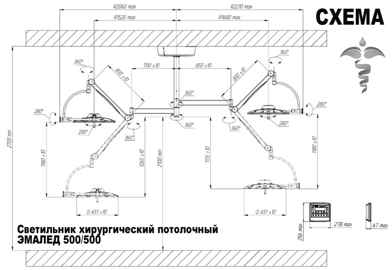Светильник хирургический потолочный ЭМАЛЕД 500/500 - Схема